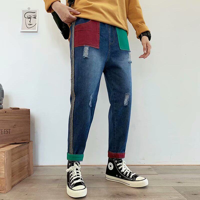 撞色哈伦韩版潮流复古牛仔裤子