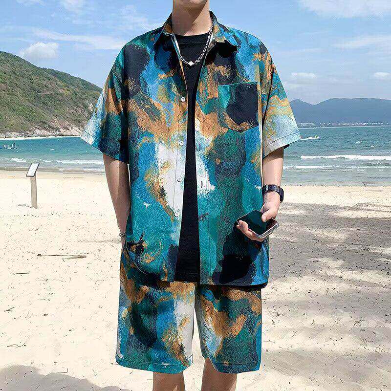 夏季扎染渐变短袖衬衫套装男