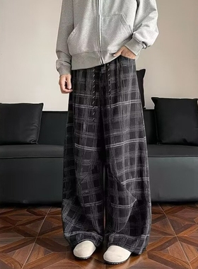 白色肌理感格纹休闲裤2025年秋季新款男美式松弛感休闲弯刀长裤子