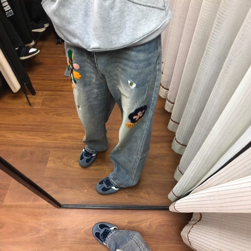 美式复古蓝色花卉刺绣牛仔裤潮牌痞帅炸街裤子男款cleanfit直筒裤