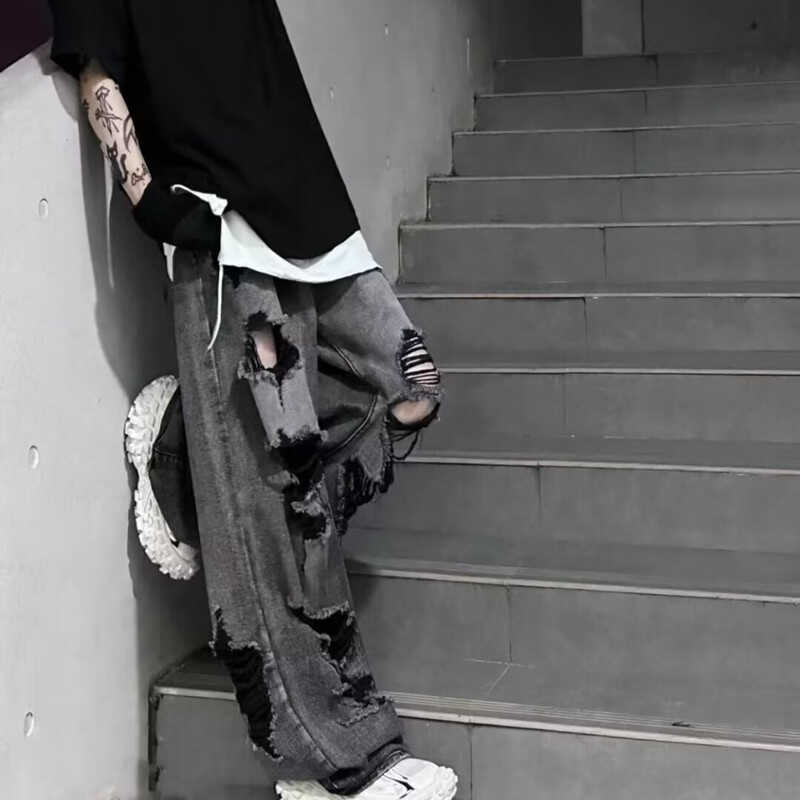 黑灰色破洞牛仔裤美式vibe废土风