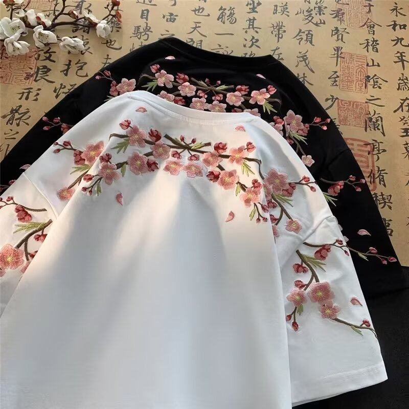 新中式国潮梅花重工刺绣短袖T恤男款夏季潮流设计感小众别致上衣