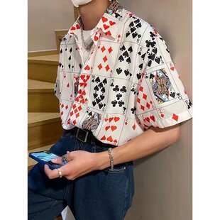 潮牌2023夏季新款印花扑克衬衫男百搭宽松情侣休闲五分袖战袍