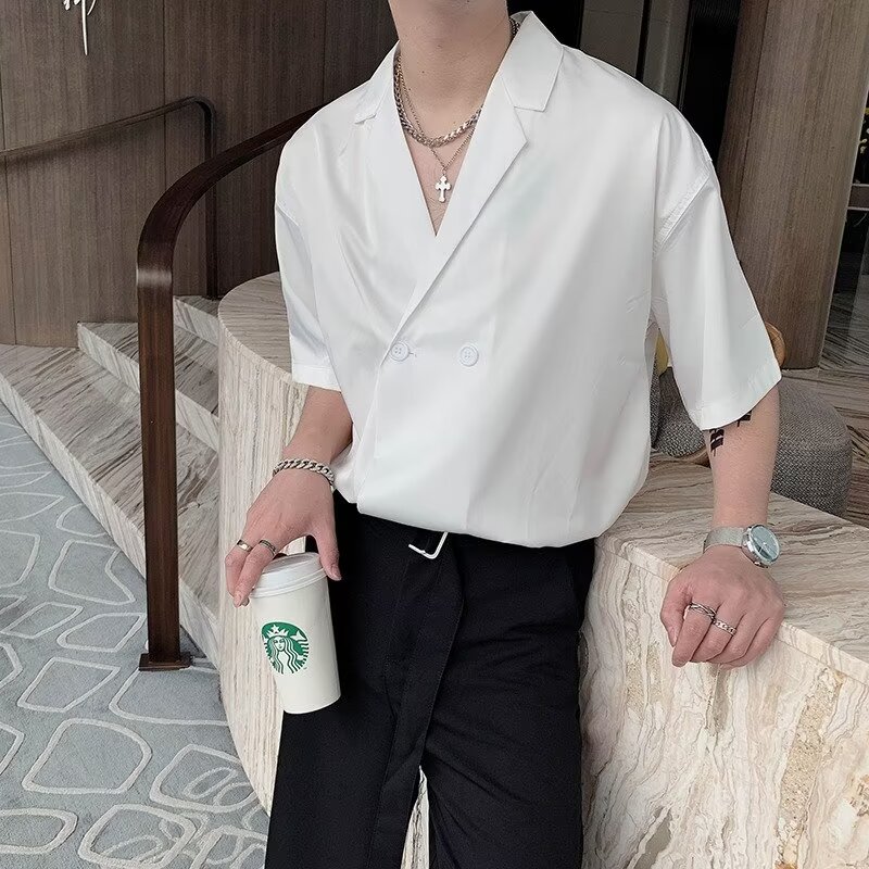 夏季高级感小众设计垂感白色衬衫男韩版禁欲系西装领短袖衬衣潮流