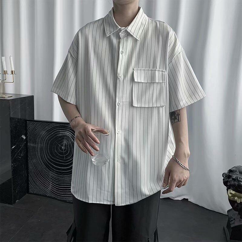 衬衫男士长袖春秋黑白色竖条纹韩版潮流宽松内搭打底短袖衬衣外套