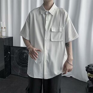 衬衫男士长袖春秋黑白色竖条纹韩版潮流宽松内搭打底短袖衬衣外套