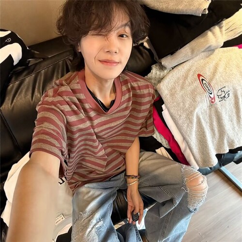 红色条纹短袖男夏季潮牌纯棉t恤