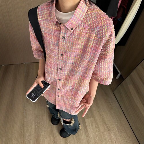 粉色格子短袖衬衫男夏季多巴胺