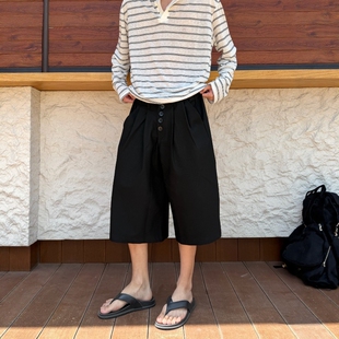 立体打褶排扣a字版型西装短裤宽松休闲黑色阔腿过膝七分裤男夏季