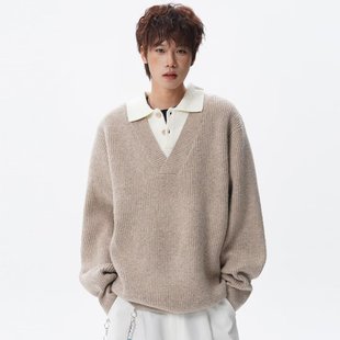 美式潮牌灰色V领针织衫上衣男秋冬痞帅高级感假两件打底内搭毛衣