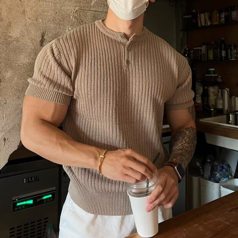 夏季亨利领短袖t恤男韩版修身竖条纹内搭针织衫健身休闲半袖上衣