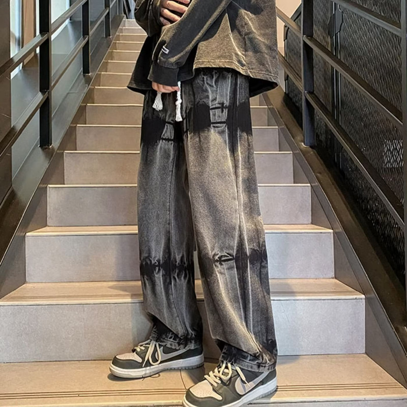 美式hiphop渐变牛仔裤男秋冬款直筒宽松长裤潮牌痞帅高街裤子vibe