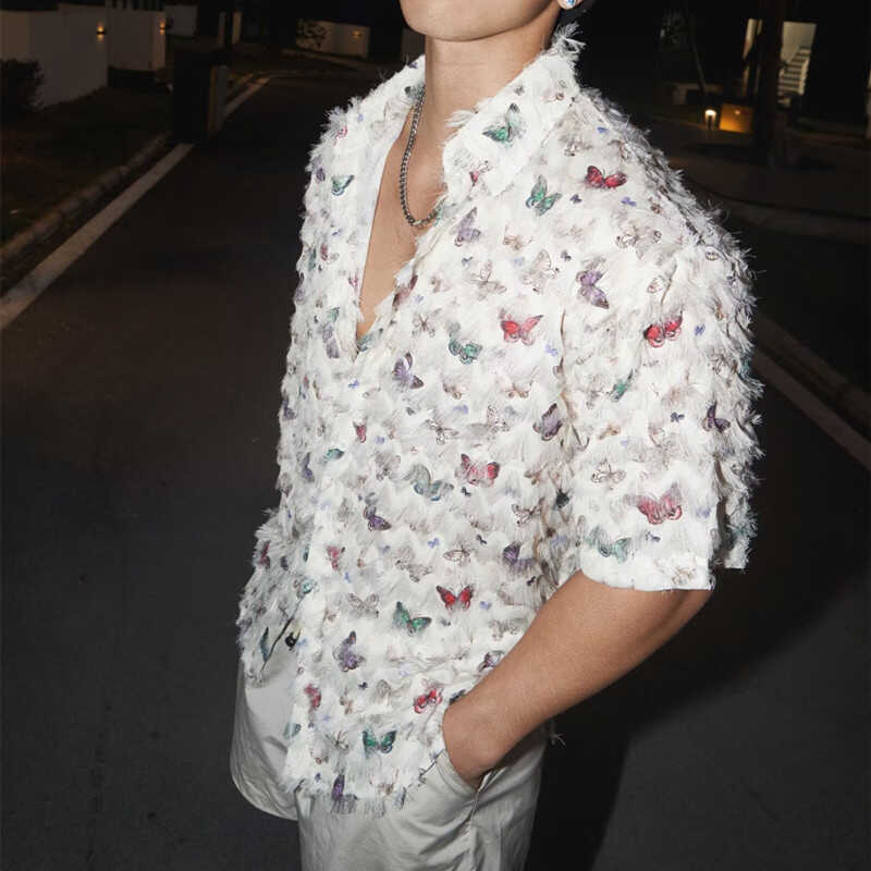 短袖衬衫男2024夏季新款蝴蝶满印