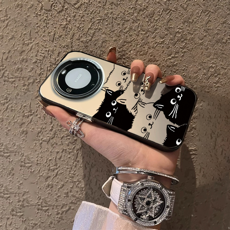 ins风黑白熊猫可爱黑猫适用华为Mate60Pro+手机壳磨砂保护套p50金属按键个性风创意40情侣男女潮高级感30同款