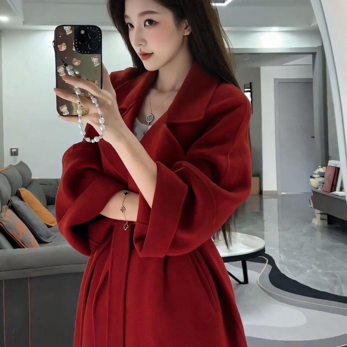 酒红色羊毛双面呢大衣女中长款西装领系带斜插袋高级感毛呢外套