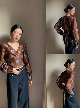 诠释美 法式复古绝美气质天丝v领绑带长袖衬衫F6085