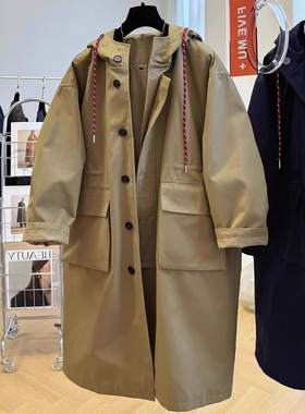 欧货连帽中长款工装风衣外套女2024秋新款单排扣宽松收腰休闲大衣