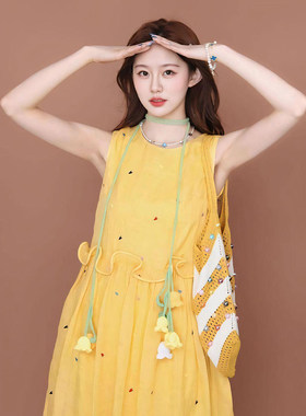 多巴胺黄色无袖连衣裙女春新款小众设计感独特漂亮背心长裙子