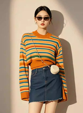 2024早秋穿搭时尚小香风针织上衣慵懒风高级感橙色条纹毛衣女秋冬