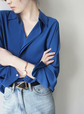 夏季小香风气质通勤干练蓝色开衫长袖单排扣欧洲站品质纯色衬衫女