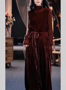 森子欧货春秋款法式高端精致本命年红色丝绒打底连衣裙两件套3728