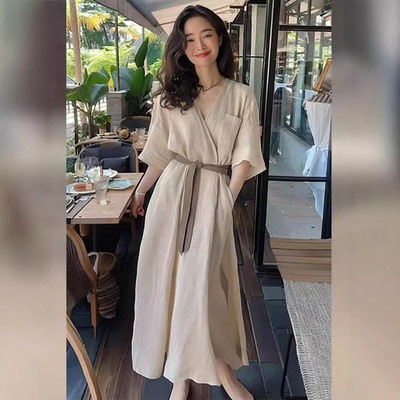 2556法式卡其色棉麻连衣裙女夏新款轻奢高级感简单大方气质长裙