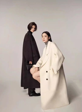 周淼ZHOUMIAO 900g绵羊毛双面呢大衣女秋冬 弧线分割茧型毛呢外套