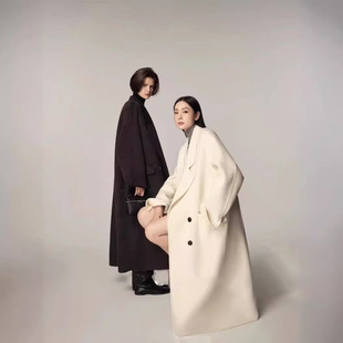 周淼ZHOUMIAO 900g绵羊毛双面呢大衣女秋冬 弧线分割茧型毛呢外套