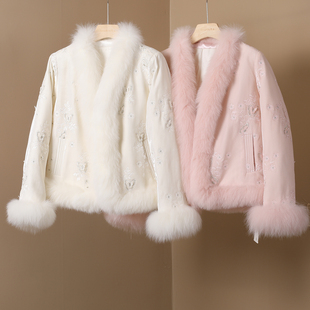 2025新款千金风新中式狐狸毛皮草外套短款V领刺绣毛毛羽绒服外套