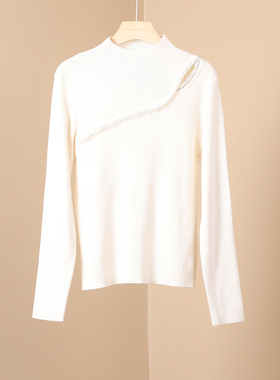 韩味气质通勤不对称半高领羊绒衫女白色蕾丝花边套头针织打底衫