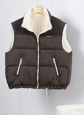 韩国原创两面穿羽绒马甲女2024秋冬新款时尚洋气拼色90白鸭绒坎肩