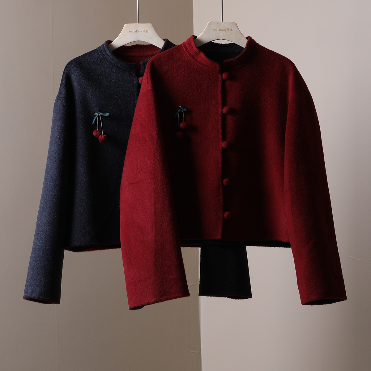 双面撞色轻国风小短款毛呢外套