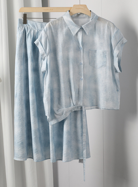 2025夏新款漂亮时尚百搭宽松显瘦翻领系带短袖衬衫+半身裙套装女