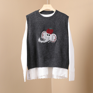 两件套套装 百搭叠穿长袖 可爱风卡通小象针织马甲女冬季 2025年新款