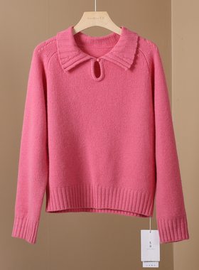 新款温柔风韩系娃娃领设计感镂空针织衫玫粉色宽松甜美羊毛上衣女