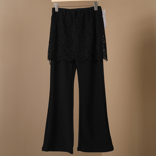 2026高品质新款 女黑色修身 显瘦喇叭长裤 假两件蕾丝屁帘高腰微喇裤