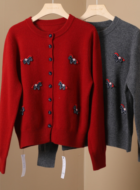 新年好运小马刺绣圆领开衫女100%绵羊毛针织衫减龄毛衣外套上衣潮