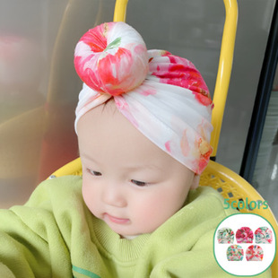 外贸欧美新款儿童印花帽 新生儿甜甜圈头巾帽 宝宝丸子头帽子头饰