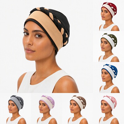 包头帽新款women拼色麻花防风编发女士弹力套头帽  Turban帽子hat