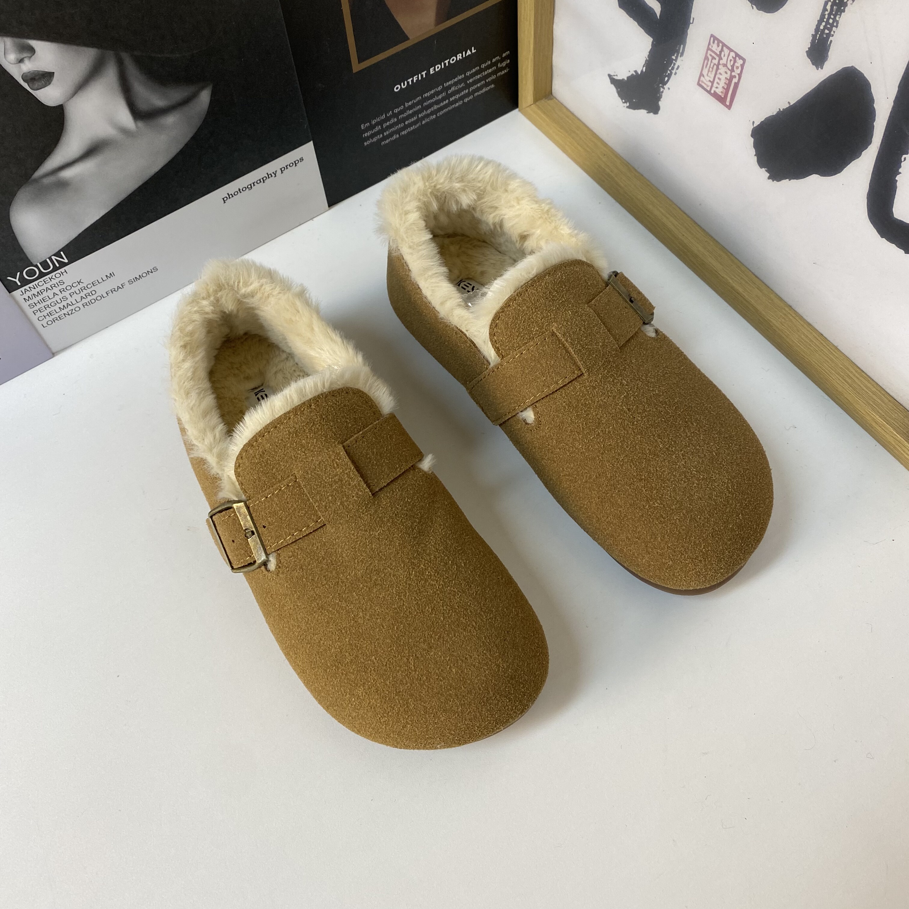 勃肯鞋女冬加绒2025新款秋冬时尚复古博肯鞋一脚蹬毛毛鞋平底单鞋