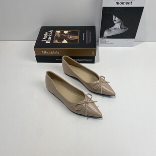 法式裸色尖头单鞋女2025新款时尚小个子内增高平底鞋百搭蝴蝶结