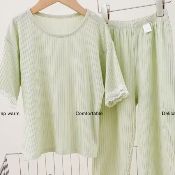 海小丫夏季女童可爱洋气舒适透气蕾丝边纯色家居服套装232608图片