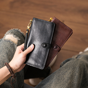 后步真皮长款拉包复古植鞣头层牛皮手拿包韩版拉链钱夹软皮手机包