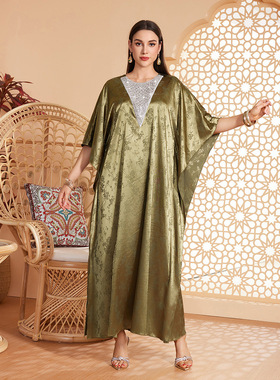 绿色长袍子中东时尚高端女装优雅气质长款修身高个子女连衣裙子潮