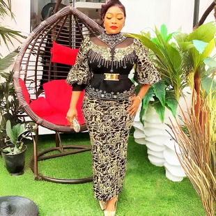 非洲烫金烫钻印花套装 Two 新款 时尚 收腰连衣裙dress pieces大码