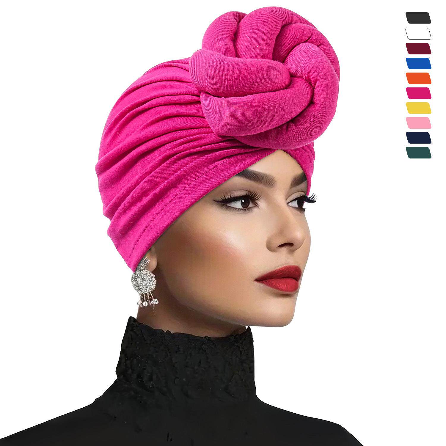 欧美爆款纯色打结头巾新款亮色民族帽立体麻花打结头巾