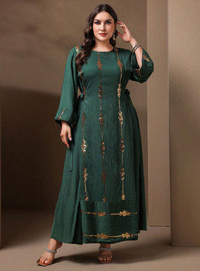 中东女大码圆领连衣裙时尚珠片绿色收腰显瘦长裙oversize clothes