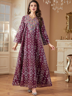 dress embroidered 中东时尚 马来西亚长袍Nepal枣红色连衣裙Mesh