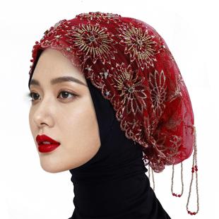 【高端精品款】头巾帽新款回民时尚纱巾纯手工串珠流苏包头帽