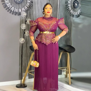 欧美女连衣裙african 宽松百褶裙非洲大码 dress 纯色烫金时尚 新款